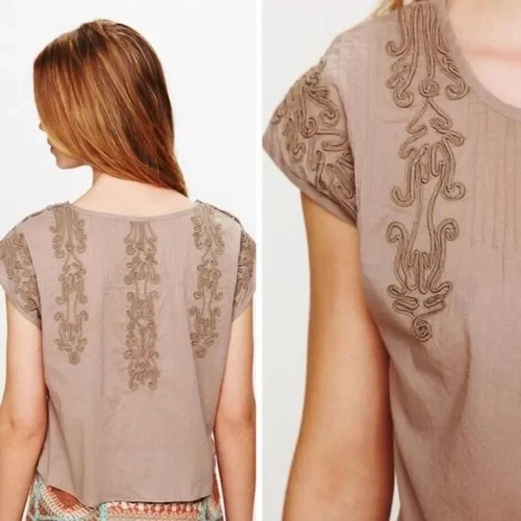 Free People Brown Embroidered Quills Cropped Top Size Small - Picture 2 of 14